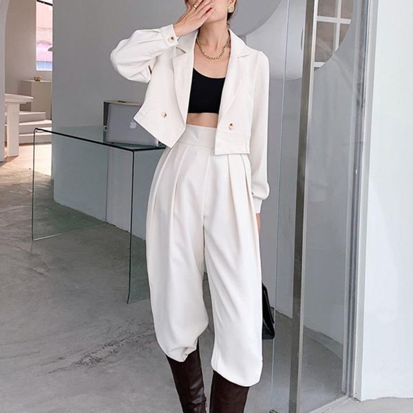 

women's two piece pants vetement femme 2021 summer autumn casual set women crop vintage blazers coat + suits office ladies outfits, White