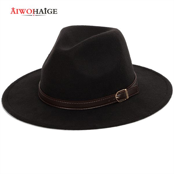 Bowler-Hut für Herren, modisch, flache Fedora-Hüte, klassisch, Unisex, einfarbig, Gürtel, goldene Schnalle, große Kappen, 60 cm, warme Wolle für Männer