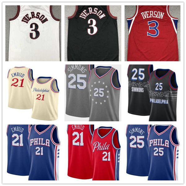 

2021 new joel 21 embiid mens ben 25 simmons allen 3 iverson julius 6 erving city basketball jersey, Black;red