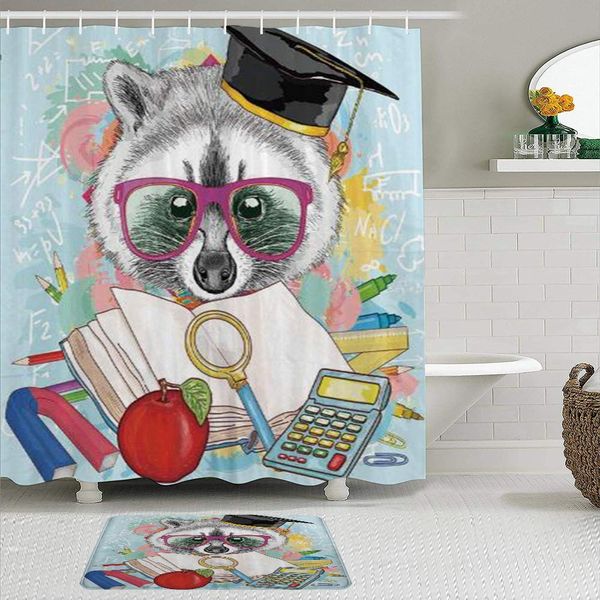 

fabric shower curtain and mats set,hipster animal student raccoon with graduation cap school education study,waterproof bath