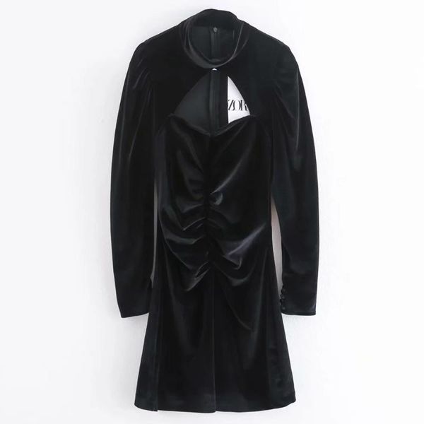 

casual dresses women hollow design black velvet mini dress female stand collar long sleeve clothes slim vestido d6892, Black;gray