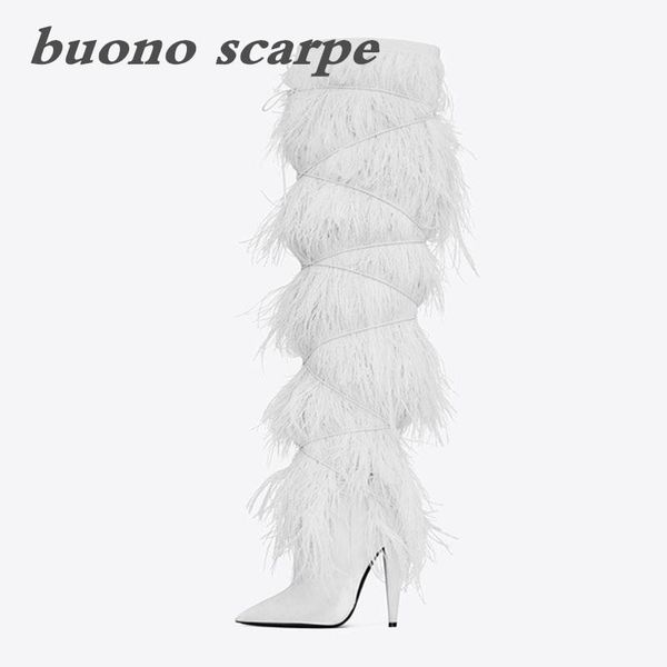 

boots high-heeled knee high ostrich feather tassel women's shoes t-stage catwalk, Black