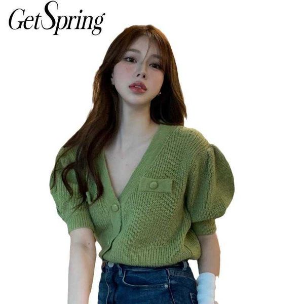 

getspring women sweater puff sleeve v-neck vintage ladies woman cardigan sweaters thin summer green knit 210601, White