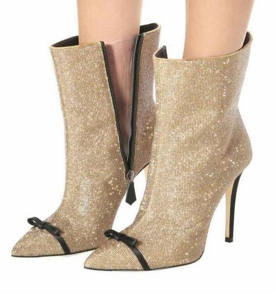 

boots designer gold crystal women high pointed toe bowtie knot zipper rhinestone wide calf ankle, Black