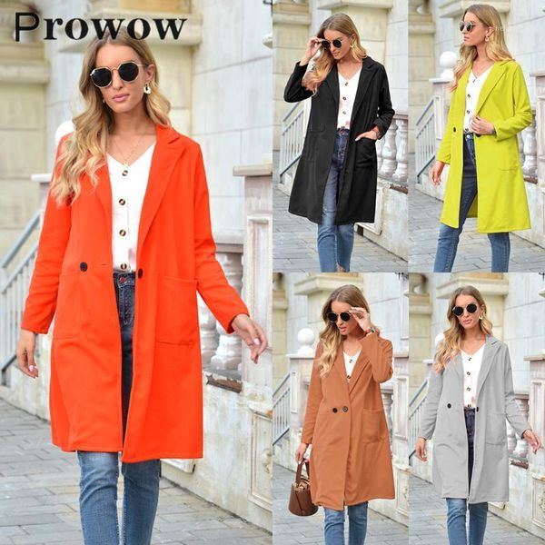 

prowow women autumn winter quality pockets solid woolen overcoat simplicity single breasted loose long fashion outwear women's wool & b, Black