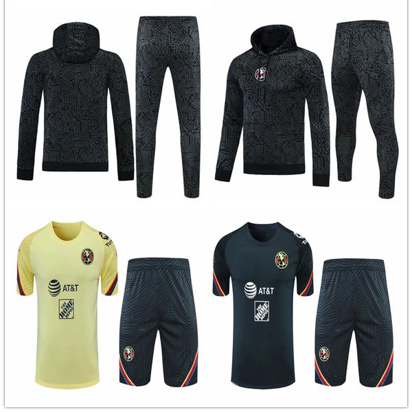 

21 22 mexico liga america tracksuit soccer hooded jacket set 2021 2022 mx club amÃ©rica hoodie football short sleeve training jerseys kit, Black