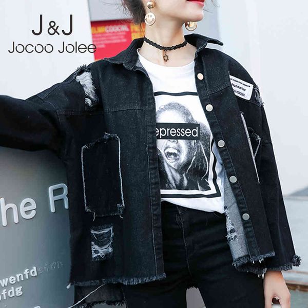 Joloo jolee mulheres moda preto solto jeans jaquetas outono remendo jean casacos coreanos harajuku casacos streetwear all-match jackets 210518