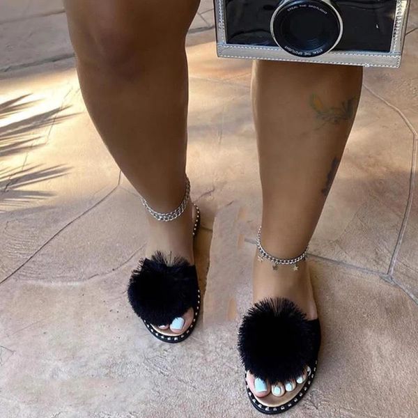 

summer slipper women flat shoes faux fur ladies sandals open toe beach flip flops fashion platform outdoor slides slippers, Black