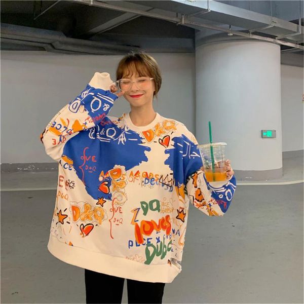 

women's hoodies & sweatshirts funny graffit female loose autumn kawaii harajuku hoodie streetwear color zipper oversized winter girl, Black