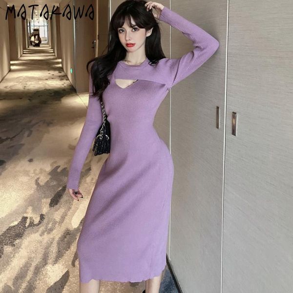 

casual dresses matakawa knitted for women autumn round neck hollow out long sleeve robes solid slim vestidos high waist elegant dress, Black;gray