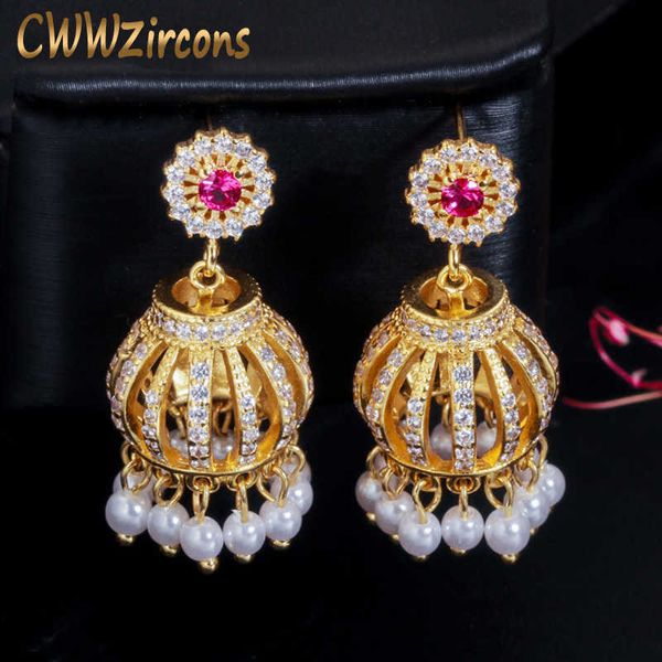 Vintage Royal Design Zirkonia Indisches Gold Baumelnde Quaste Tropfen Perlen Perlen Ethnische Ohrringe für Frauen CZ611 210714