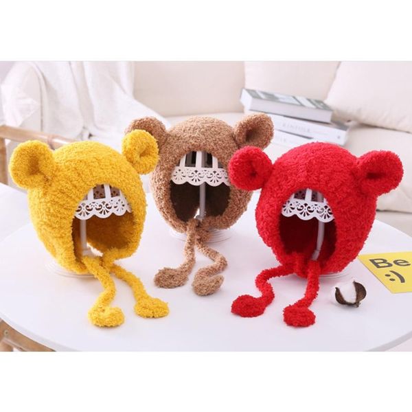 

autumn winter warm cute baby plush beanie cap ear protection solid color hat for kids children girls boys caps & hats, Yellow