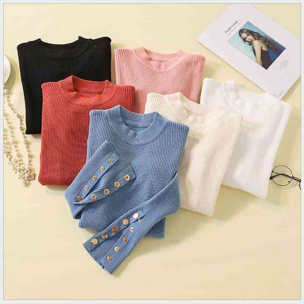 

casual autumn winter women thick sweater pullovers long sleeve button o-neck chic sweater female slim knit soft, White;black