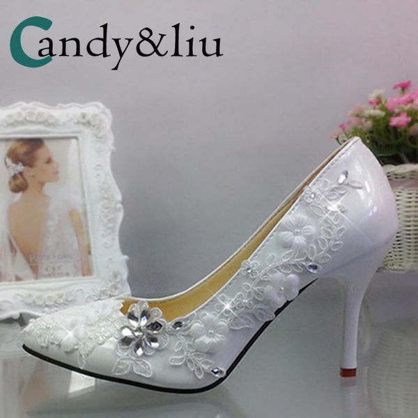 

white lace flower wedding shoes silver crystal rhinestone beaded slip-on pointed toe high heel women pumps for party banquet dress, Black