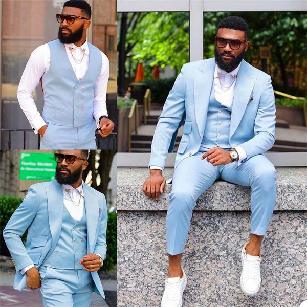 Céu azul 3 pcs smoking de casamento para homens mais tamanho jaqueta colete calças personalizar o noivo groomsmen terno homens 'desgaste formal