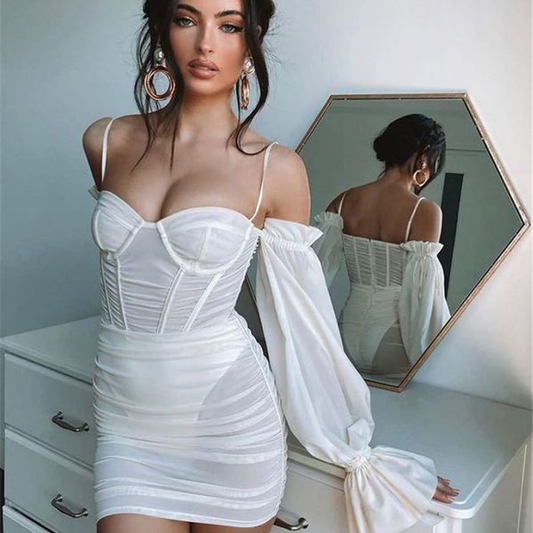 

off shoulder lantern sleeve bodycon dress women summer strap black backless mini dress partywear ladies elegant vestidoshigh quality, Black;gray