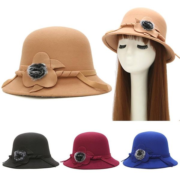 

stingy brim hats autumn winter for women ladies wool felt casual flower fur ball formal fedoras female bucket bowler hat, Blue;gray