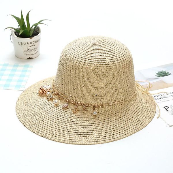 

spring summer fashion leisure bowler hat basin korean version joker lady wide brim sunshade sun block shells chain hats, Blue;gray