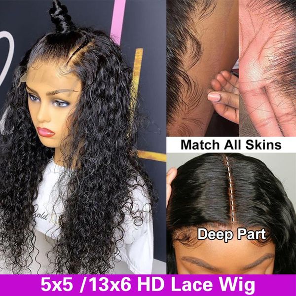 

hd lace frontal wig 13x6 front wigs human hair pre plucked brazilian180% water wave transparent 5x5 closure, Black;brown