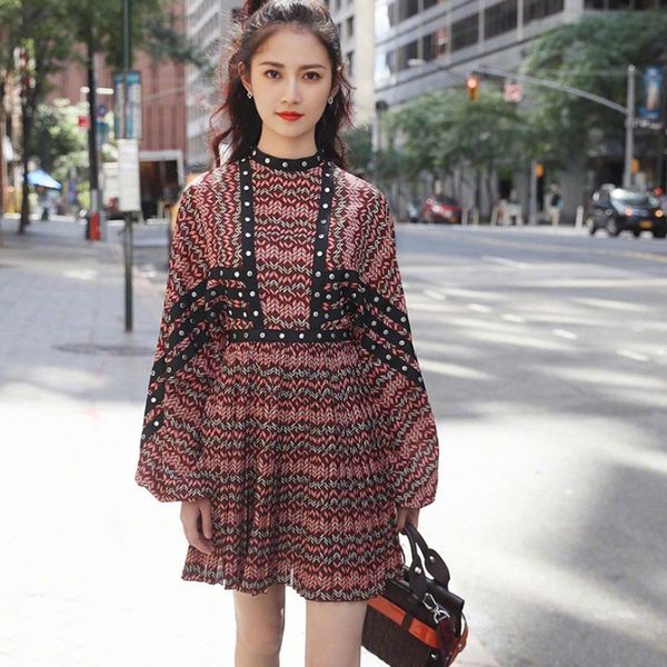 

runway designer women geometric printing elegant lantern sleeve spring dress vintage stand neck patchwork pleated dress 210514, Black;gray