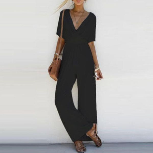 

women's jumpsuits & rompers women v-neck loose playsuit party romper short sleeve tunic long jumpsuit, Black;white