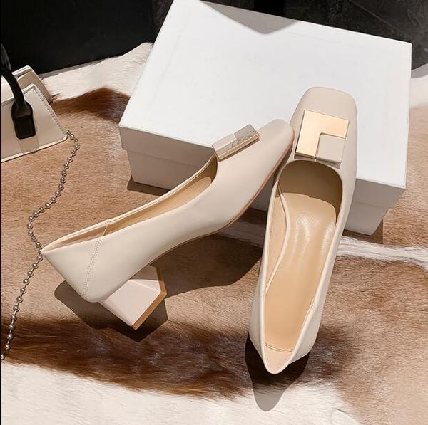 

designer women chunky heel dress shoes beige sequined buckle middle heel 5 cm soft leather shallow mouth slip-on quare toe lady party single, Black