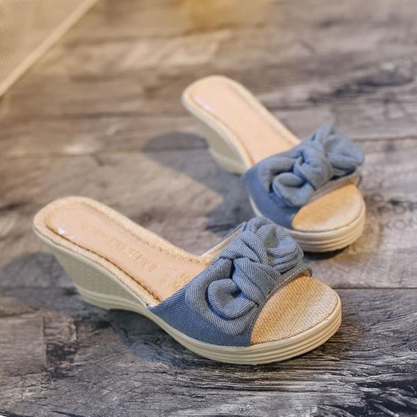 

slippers 2021 summer denim casual thick-soled bowknot women outdoor slipper waterproof platform slope heel non-slip ladies slides, Black