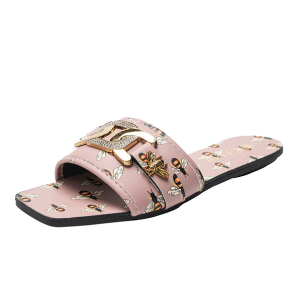 

slippers ladies square toe rhinestone flat bottom slides metal button cartoon bees print casual beach shoes, Black