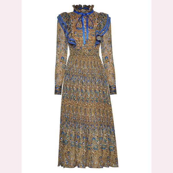 

est fashion vintage printed with straight collar long sleeve ruffled pleated dress 210526, Black;gray