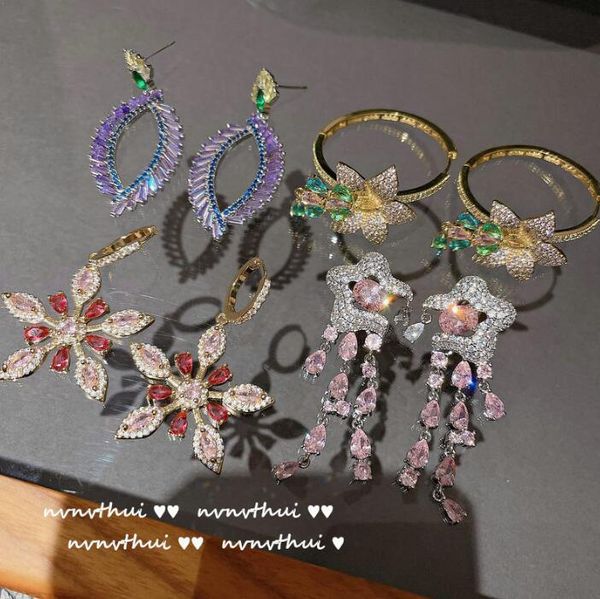 

dangle & chandelier flower pink gems gorgeous women earrings snowflake micro-inlaid purple zircon eyelashes full advanced ear jewelry, Silver
