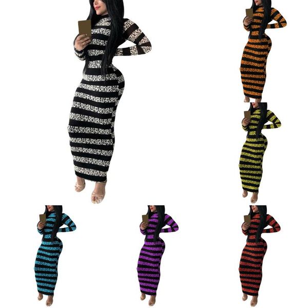 

casual dresses autumn striped print bodycon long dress elegant o neck women maxi 2021 sleeve party vestidos, Black;gray