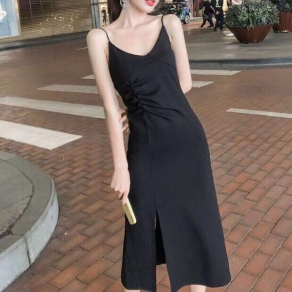 

casual dresses dress women clothes hong kong style ins suspender summer temperament v-neck thin bottom black long skirt female 05hj, Black;gray