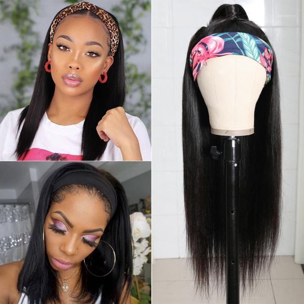 

luxurious long straight headband scarf human hair wigs peruvian remy for women wig closure wig1, Black;brown