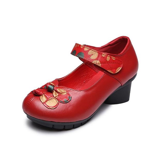 

brand genuine leather lady pumps hook & loop comfortable thick heel shoe retro round toe handmade party spring summer dress shoes, Black