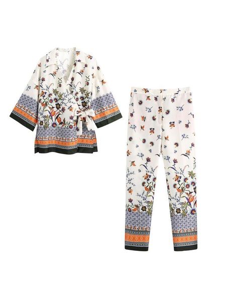 

women's two piece pants jcÂ·kilig 2021 printed kimono shirt and trousers b1631, White