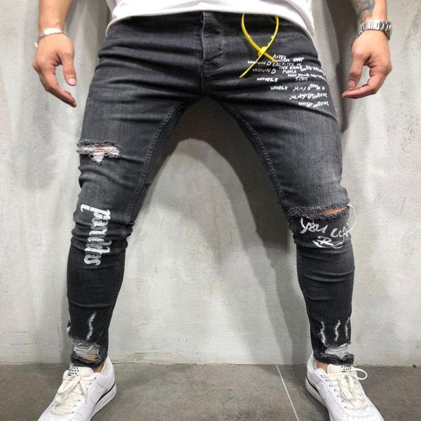 

men's jeans 2021 hip-hop printed letter hole fashion, Blue