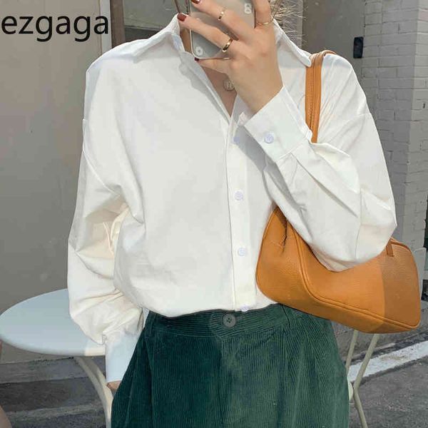 

ezgaga elegant shirt white blouse long sleeve turn down collar office ladies shirt female casual oversized korean blusas 210430