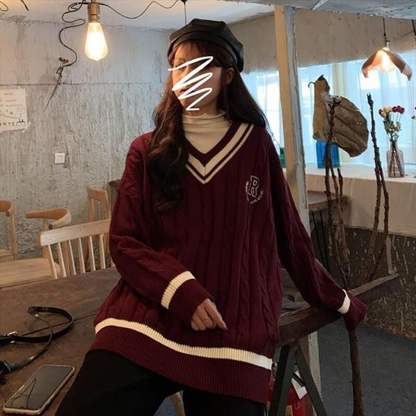 

color matching v neck women sweaters for female students in autumn and winter. loose pullover wild twist knit jacket, White;black