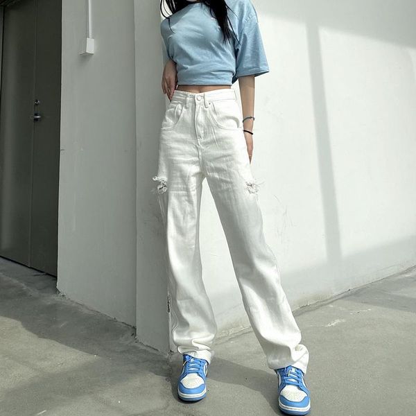 

women's jeans rippde women high waist straight oversized denim mom pants baggy washed white casual female cotton trousers, Blue