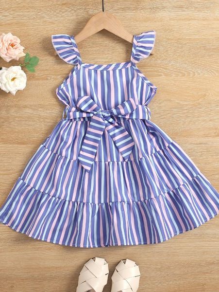 

toddler girls striped ruffle trim belted dress she01, Red;yellow