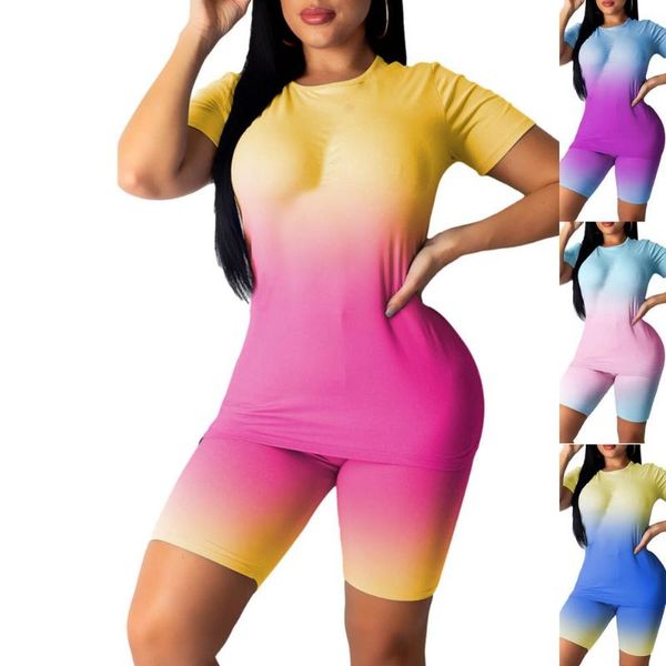 

yoga outfit women fitness two pieces set tie dye print o-neck t-shirts leggings shorts pants 2021 fashion streetwear casual tracksuits