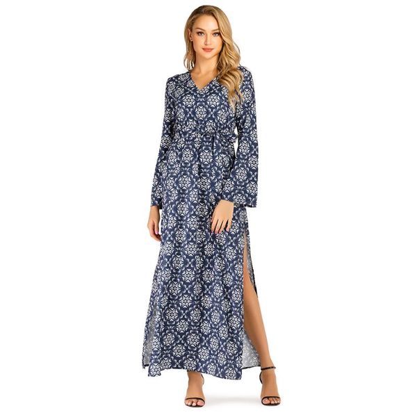 

casual dresses women floral print long maxi dress sleeve elegant, Black;gray