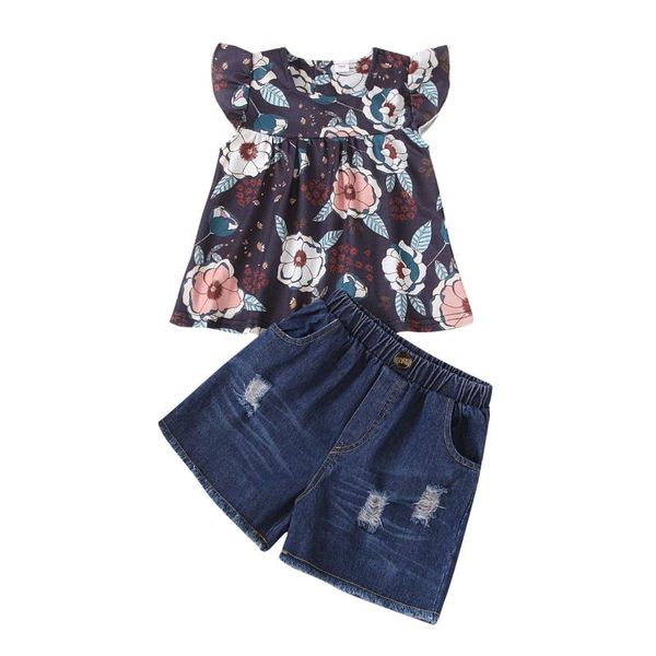 

toddler baby girls kids clothing dark blue floral printed pattern short sleeve round collar +shorts boutique outfits set sets, White