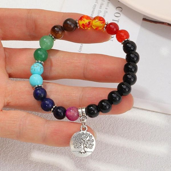 

charm bracelets natural stone 7 chakra energy buddha bead bracelet tiger eye lapis beaded tree pendant colorful for women, Golden;silver