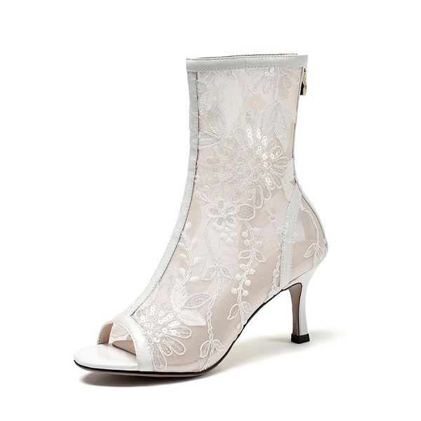 

boots summer women's mesh thin high heels sandal boot shoe zipper peep toe black genuine leather with flower embroidery