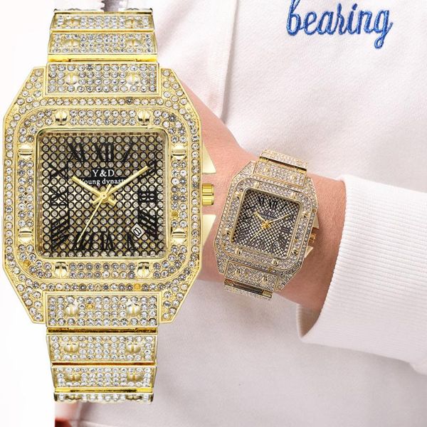 

wristwatches gold watch men famous male quartz watchs square diamond calendar wristwatch mens clock relogio masculino, Slivery;brown