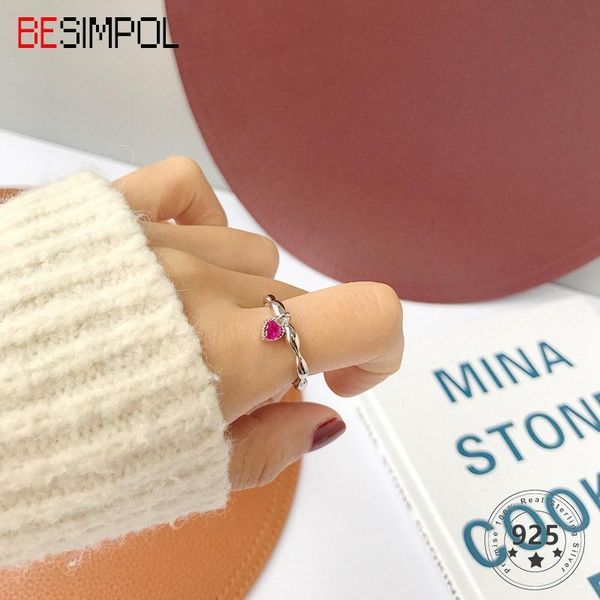 

cluster rings besimpol 100% real 925 sterling silver simple charm red corundum heart ruby adjustable ring for women fashion fine jewelry, Golden;silver
