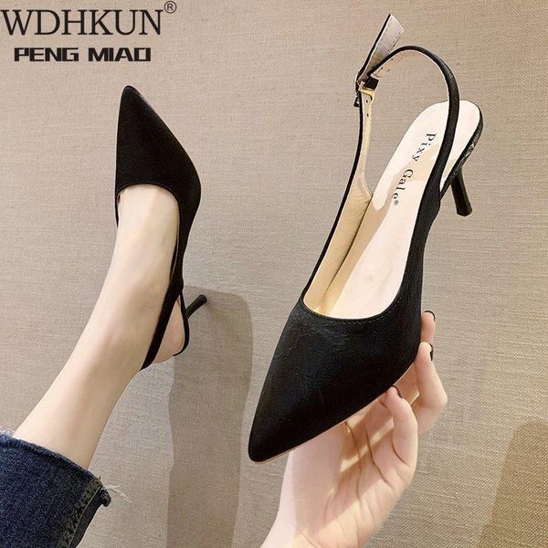 

women sandals high heels shoes summer flock colorful thin heel female pumps point toe strap large size 2021, Black