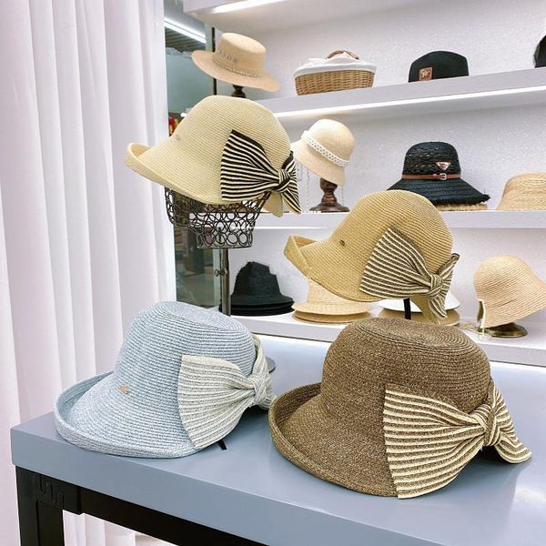 

202105-2508927 summer fine paper striped bowknot lady sun cap women leisure holiday beach hat wide brim hats, Blue;gray