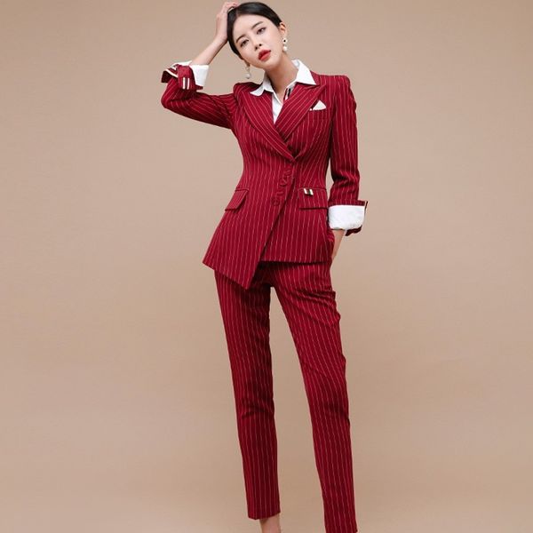 Business Women 2 Piece Pant Set Autunno Inverno monopetto a righe Blazer coat + Office OL Ladies Pencil Pants Suit 210518